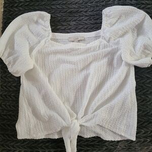 LOFT M White Textured Tie Front Top w/Square Neck/off Shoulder. Worn Once!